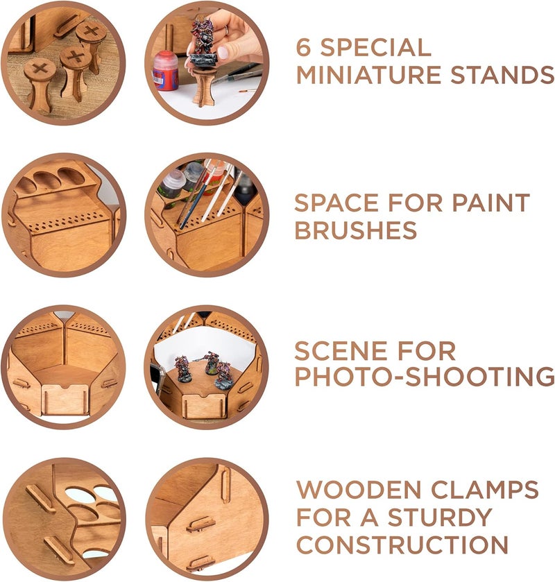 Plydolex Plywood Corner Model Paint Organizer - 32 Bottle & 46 Brush Slots Rack, 3 Shelves, 6 Stands & a Photo-Shooting Scene - Suits Tamiya, Vallejo, Citadel Paints - Works for Warhammer 40K, DnD - Image 2